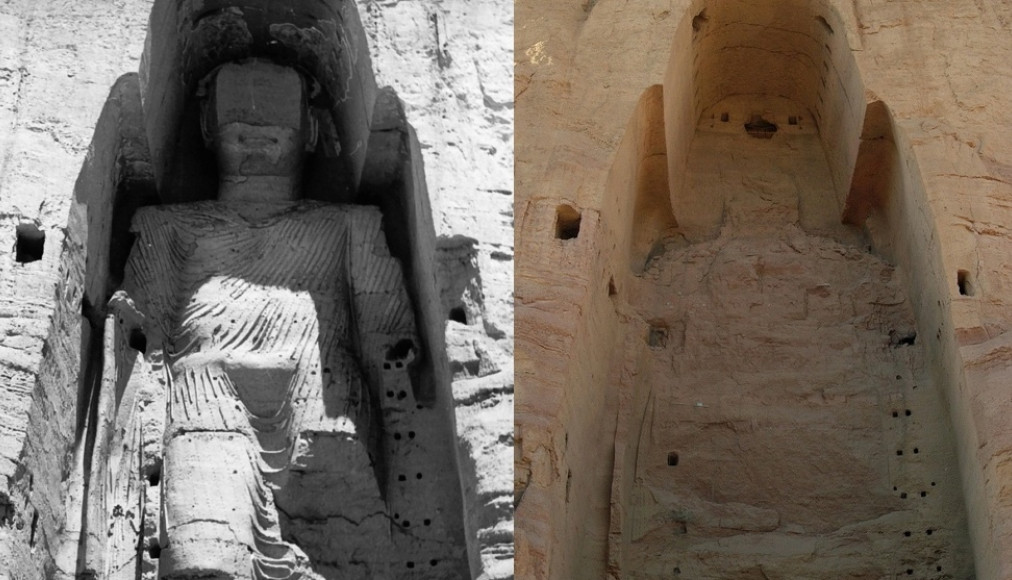 Statue de Bouddha à Bamiyan, avant et après destruction / ©UNESCO/A Lezine;Tsui - CC BY-SA 3.0 Wikimedia Commons