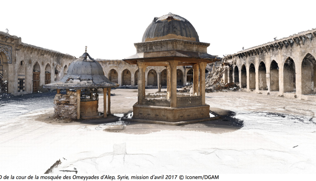 Image 3D de la cour de la mosquée des Omeyyades d'Alep, en Syrie. Image 3D de la cour de la mosquée des Omeyyades d'Alep, en Syrie. / ©Iconem/DGAM